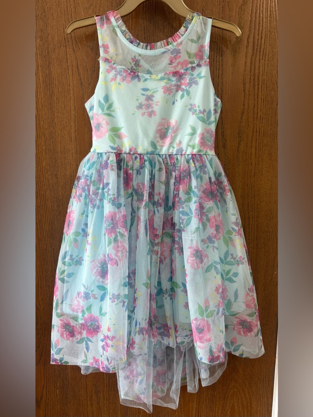 Zunie Girl Turquoise Mesh High-Low Floral Sleeveless Dress Size Medium (7/8)